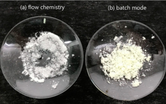 ( a ) 流动化学和 ( b ) 分批模式生产的 TNT 。流动化学样品为白色，而批处理模式样品因杂质而呈黄色。