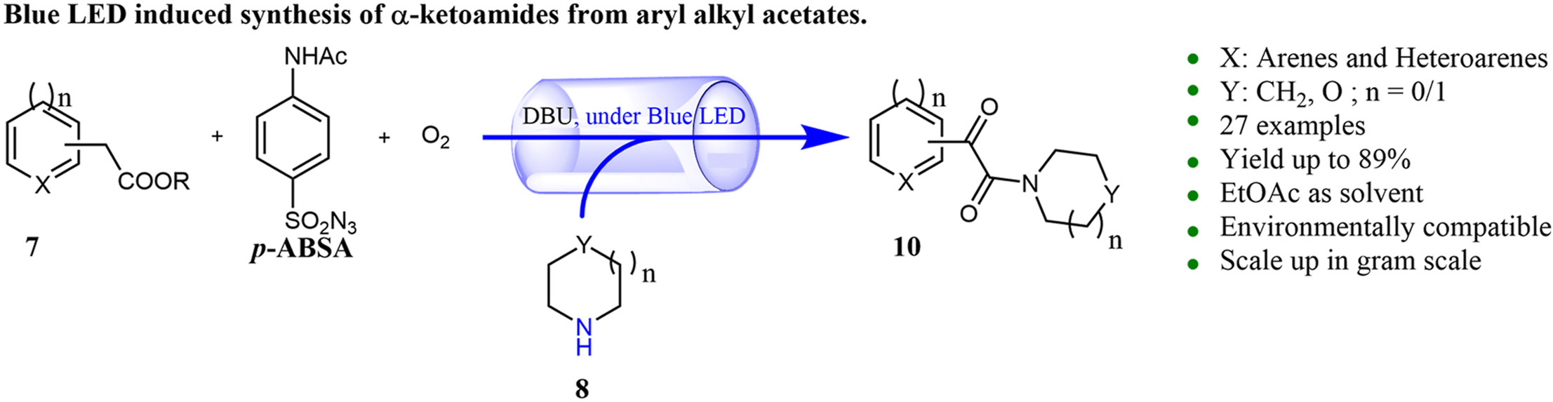 一锅重氮装置——光化学氧化（蓝色 LED-O 2）芳基杂芳基乙酸酯与环状 2°-胺的酰胺化：芳香族 α-酮酰胺的环保合成