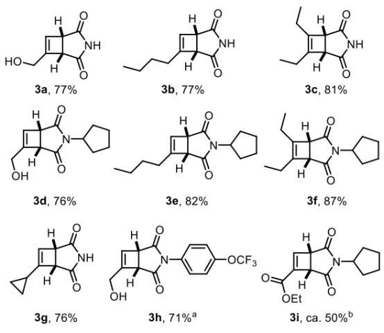 Figure 1 连续环丁烯合成的底物范围；使用20mol%的噻吨酮； b 对二氧化硅不稳定。